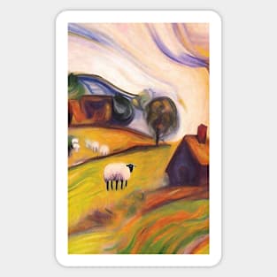 colourful oil painting of a farm with sheep Sticker